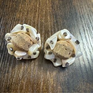 Vintage Stone Mother or Pearl Cork Bead Round Clip on Earrings Cocktail